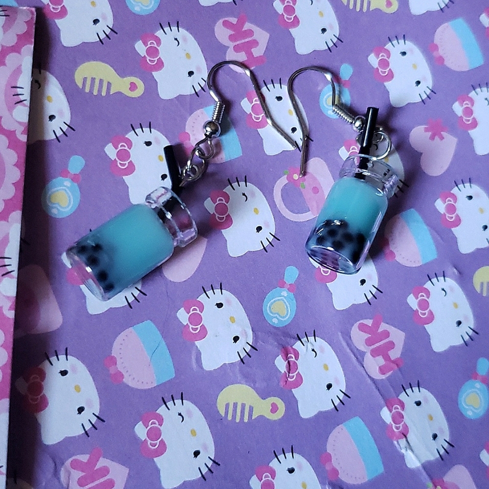 blue boba drink earrings